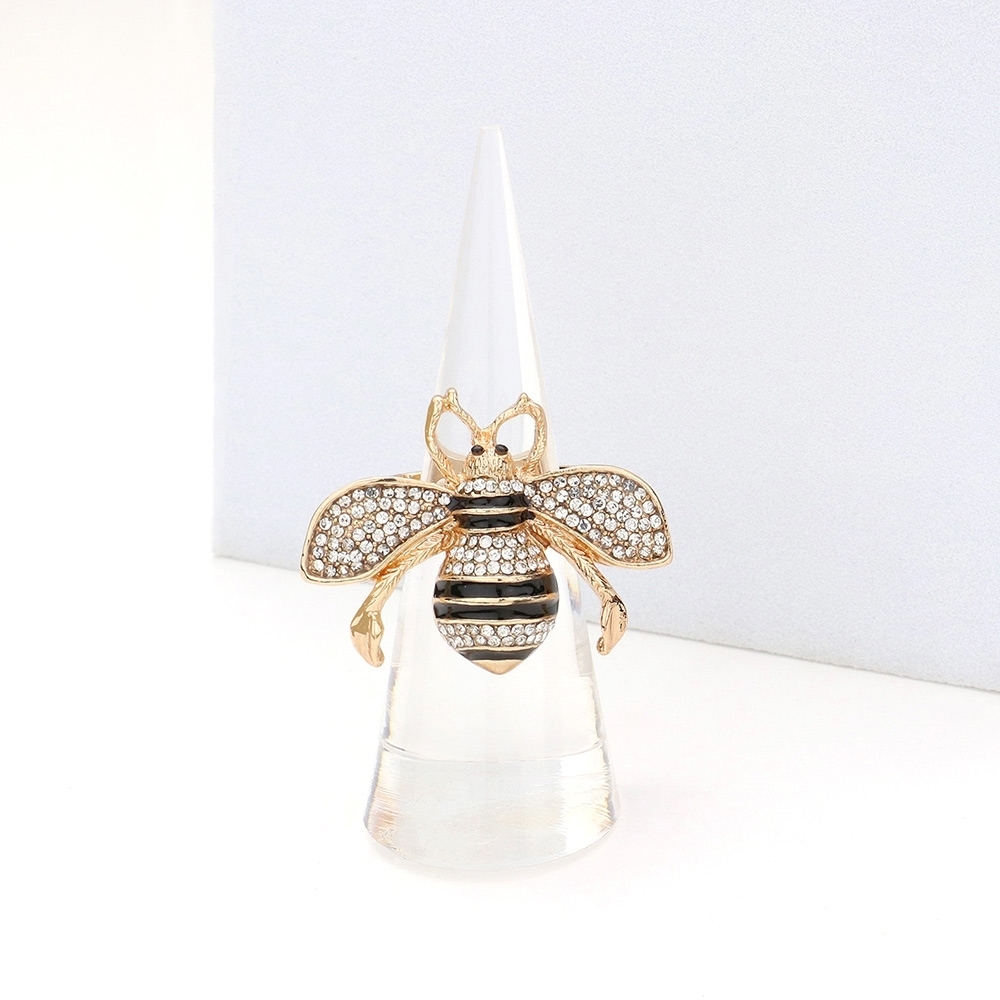 Black Gold Rhinestone Crystal Stretch Honey Bee Ring